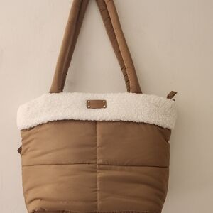 Bearpaw Faux Shearling–Trimmed Puffer Tote  Color:Tan/White